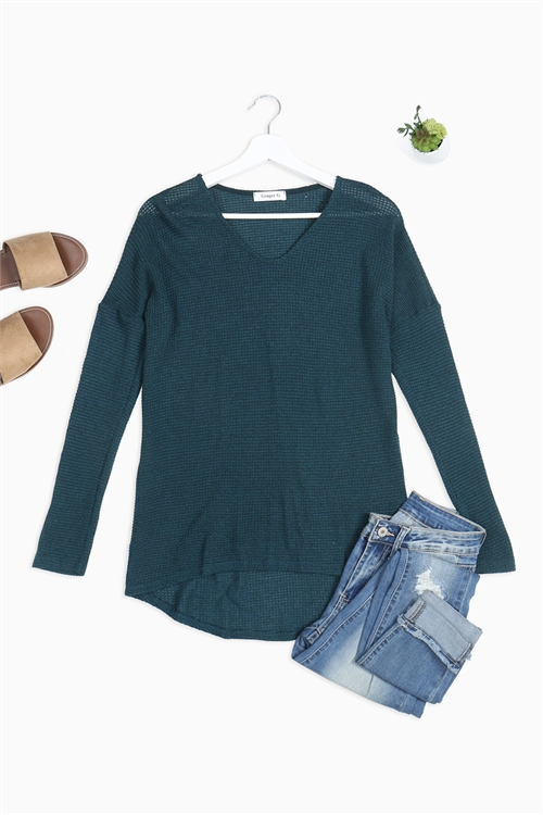 C88-A-2-T4019 TEAL DEEP V-NECKLINE KNITTED LONG SLEEVE HIGH-LOW TOP 2-2-2