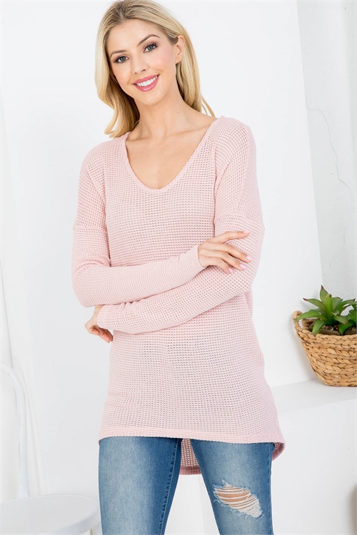 C88-A-2-T4019 LIGHT PINK DEEP V-NECKLINE KNITTED LONG SLEEVE HIGH-LOW TOP 2-2-2