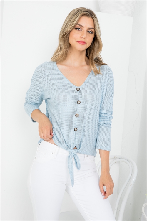 C12-A-2-T3739 BABY BLUE DEEP V-NECKLINE FRONT BUTTON & TIE-TWIST KNITTED LONG SLEEVE TOP 2-2-2 (NOW $2.50 ONLY!)