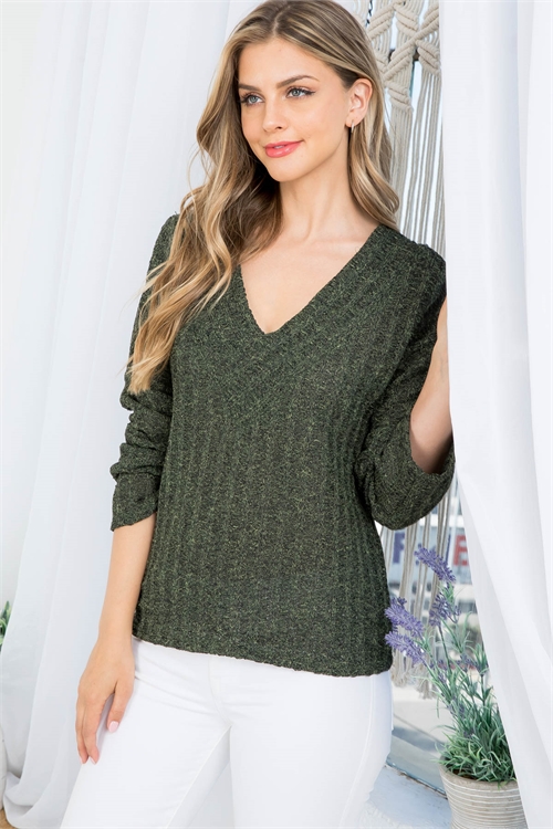 C4-A-1-S1169 OLIVE DEEP V-NECKLINE KNITTED LONG SLEEVE SWEATER 1-2