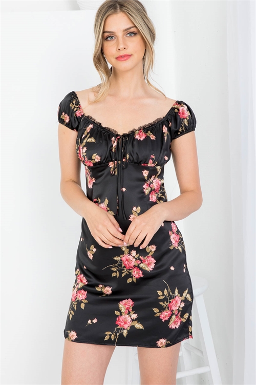 S7-3-2-D9842 BLACK WITH FLOWER PRINT FRONT TIE SHIRRING NECK DRESS 3-2-1
