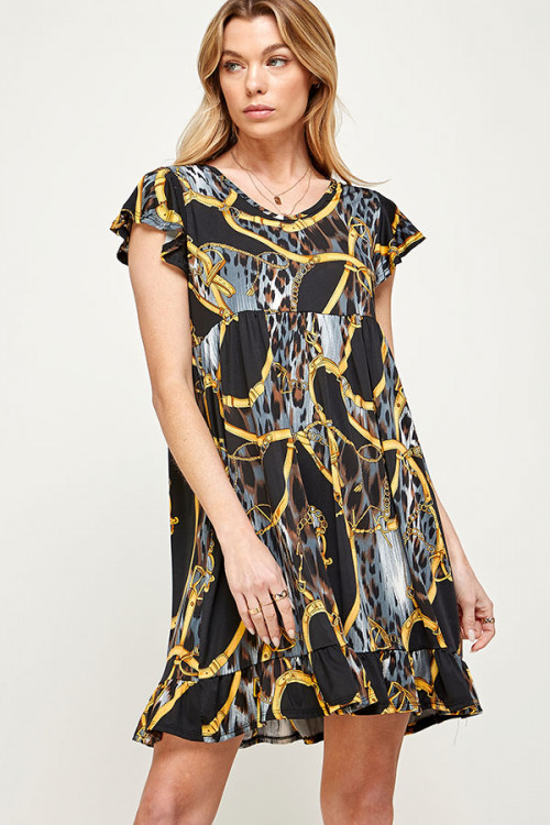 C90-A-2-MD4433-2 BLACK GRAY GOLD ANIMAL CHAIN PRINT ROUND V-NECK RFFLE SHORT SLEEVE RUFFLE DRESS 2-2-2