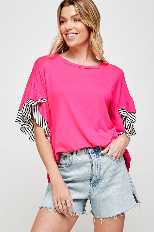 C90-A-3-MT2539 FUCHSIA ROUND NECK RUFFLE STRIPES SLEEVE TOP 2-2-2