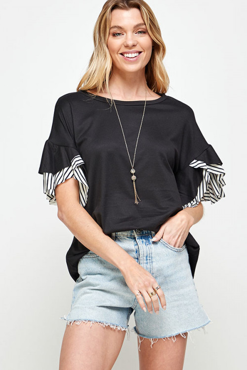 C90-A-3-MT2539 BLACK ROUND NECK RUFFLE STRIPES SLEEVE TOP 2-2-2