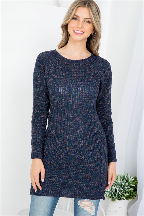 S9-1-2-S4546 NAVY MULTI CUFFED NECKLINE, SLEEVE & HEM KNITTED LONG SWEATER 2-2-2 (NOW $ 4.75 ONLY!)