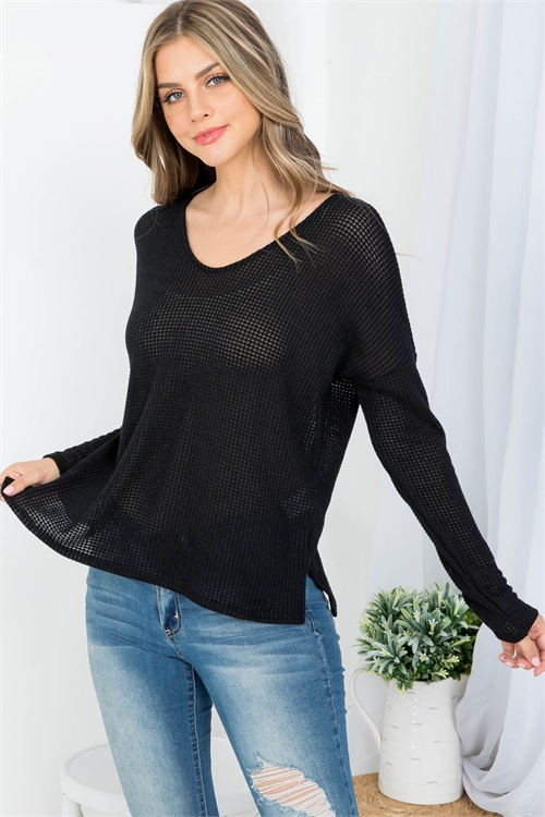 C20-B-3-T4633 BLACK DEEP V-NECKLINE WAFFLE FABRIC LONG SLEEVE KNITTED TOP 2-2-2