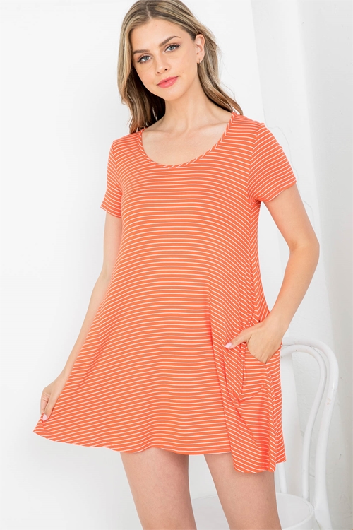 C24-A-2-D5072 CORAL WHITE STRIPES THROUGHOUT WITH SIDE POCKET RUFFLE DRESS 2-2-2