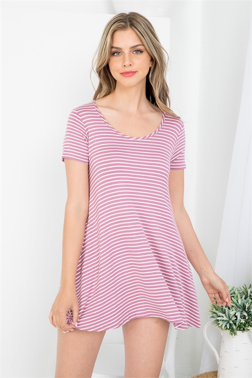 C32-A-2-D5072 MAUVE WHITE STRIPES THROUGHOUT WITH SIDE POCKET RUFFLE DRESS 2-2-2