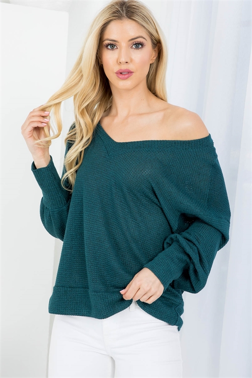 C80-B-3-T3873 HUNTER GREEN DEEP V-NECKLINE CUFFED SLEEVES & HEM KNITTED TOP 2-2-2