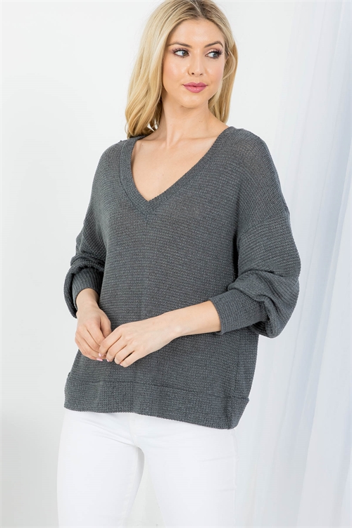 C80-B-2-T3873 CHARCOAL DEEP V-NECKLINE CUFFED SLEEVES & HEM KNITTED TOP 2-2-2 (NOW $2.50 ONLY!)