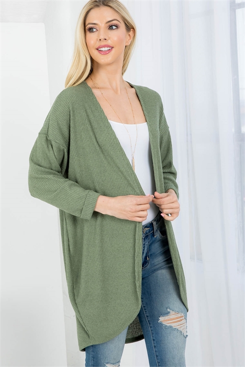 C92-A-1-C2012 OLIVE OPEN FRONT CUFFED SLEEVE RIBBED CARDIGAN 3-2-2