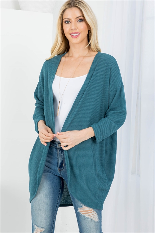 C92-A-1-C2012 TEAL OPEN FRONT CUFFED SLEEVE RIBBED CARDIGAN 3-2-2