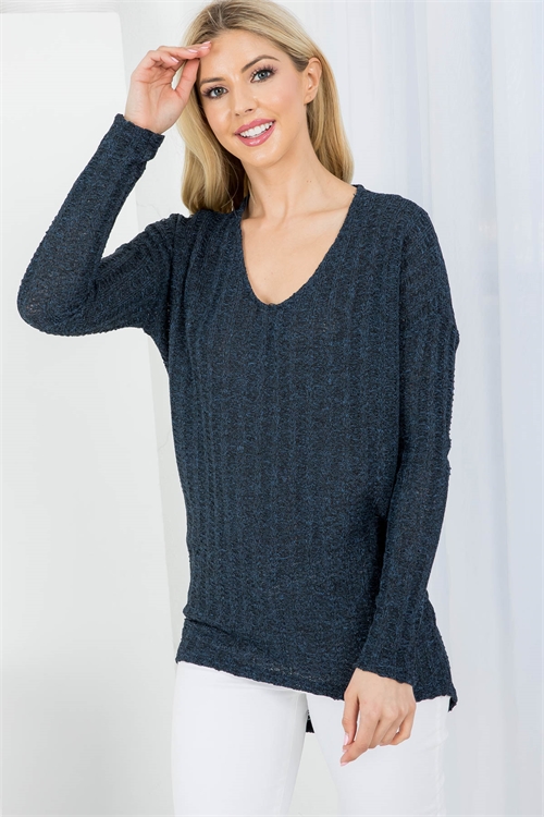 C68-A-2-T4019 NAVY DEEP V-NECKLINE KNITTED LONG SLEEVE HIGH-LOW TOP 2-2-2