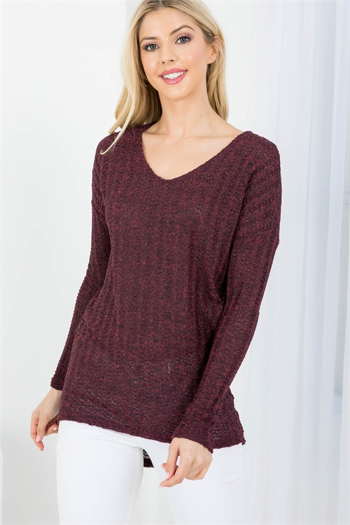 C68-A-1-T4019 BURGUNDY DEEP V-NECKLINE KNITTED LONG SLEEVE HIGH-LOW TOP 2-2-2