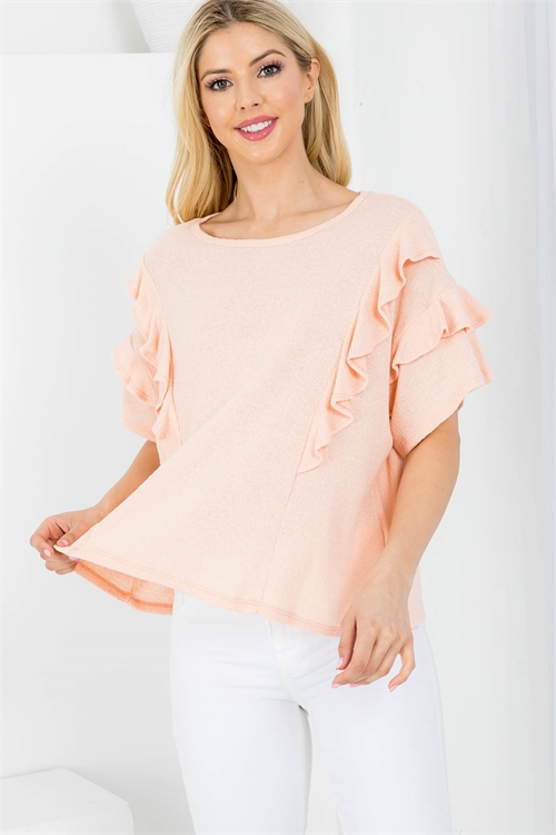 C72-B-3-T3624 BLUSH ROUND NECKLINE RUFFLE DRAPE SLEEVE TOP 2-2-2