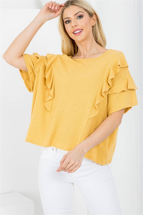 C72-B-3-T3624 MUSTARD ROUND NECKLINE RUFFLE DRAPE SLEEVE TOP 2-2-2