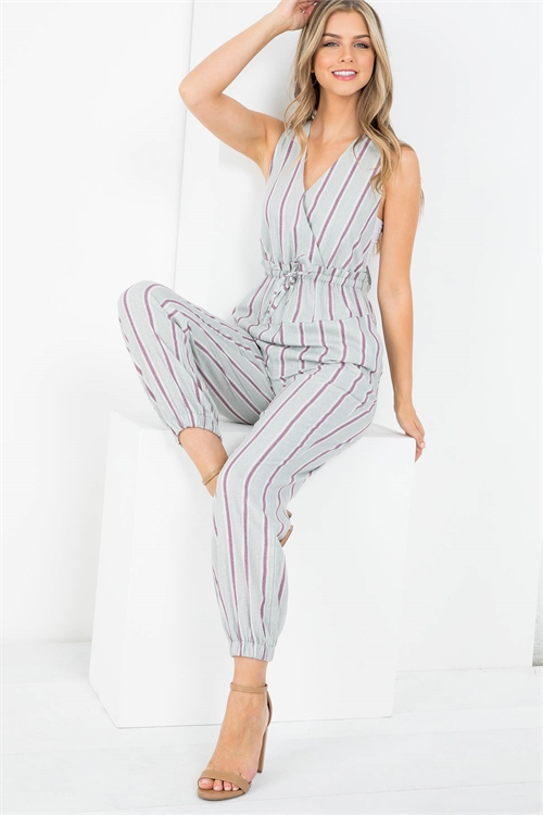 S12-8-3-J4656 GRAY BURGUNDY SURPLICE FRONT WITH WAIST TIE CROSSED STRAP BACK CUFFED LEG JUMPSUIT 3-2-1