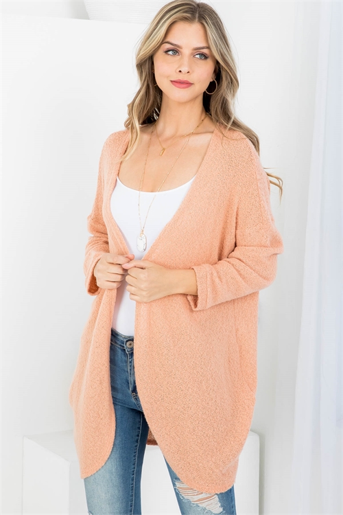 C82-A-2-C5495 SALMON OPEN FRONT KNITTED LONG SLEEVE CARDIGAN 2-2-2