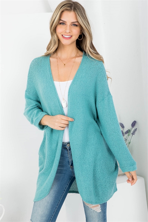 C82-A-2-C5495 LIGHT TEAL OPEN FRONT KNITTED LONG SLEEVE CARDIGAN 2-2-2