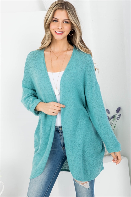 C90-A-1-C5495 LIGHT TEAL OPEN FRONT KNITTED LONG SLEEVE CARDIGAN 2-1-2