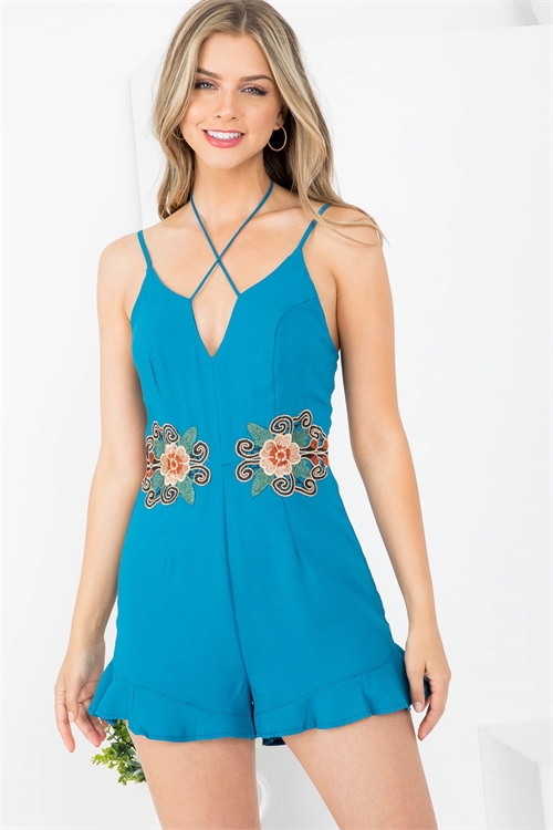 S14-7-3-R4423 TEAL EMBROIDERED FLORAL SPAGHETTI STRAP RUFFLE HEM ROMPER 3-2-1