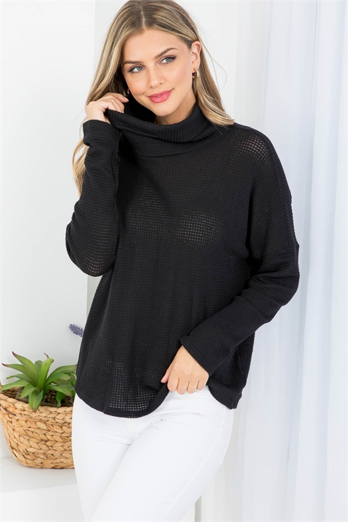 C28-A-2-T3951 BLACK TURTLE NECKLINE WAFFLE KNITTED FABRIC LONG SLEEVE TOP 2-2-2