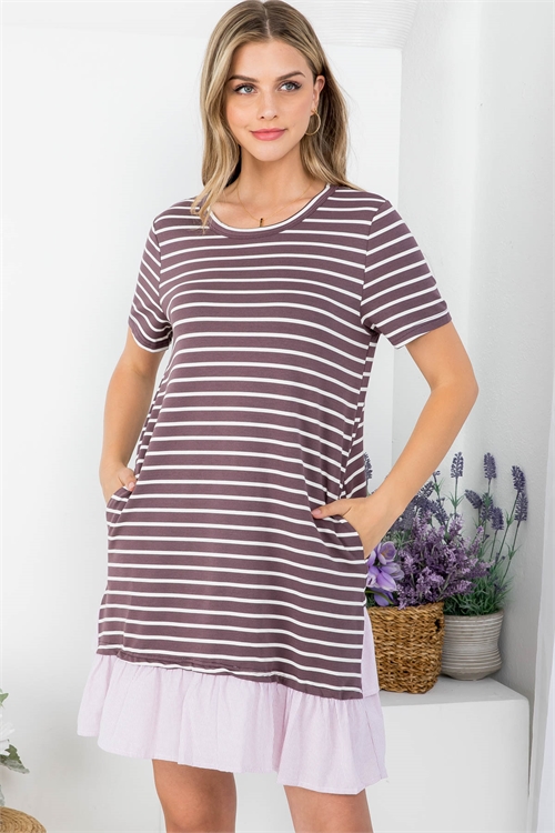 SA3-0-2-D24765 PLUM OFF WHITE STRIPES ROUND NECKLINE RUFFLE HEM MIDI DRESS 2-2-2