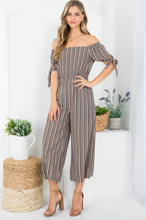 S11-7-2-J23797 BROWN STRIPES THROUGHOUT OFF SHOULDER BOW-TIE SLEEVES SQUARE LEG JUMPSUIT 2-2-2