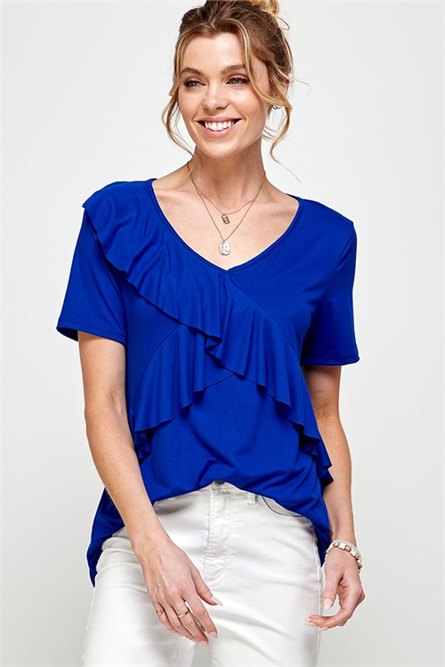 C8-A-2-MT2535 ROYAL BLUE V-NECKLINE CROSSED RUFFLE FRONT TOP 2-2-2