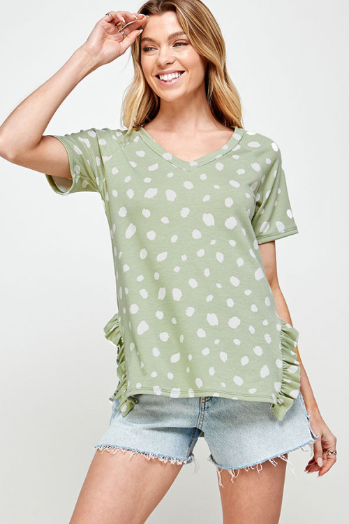 C8-A-2-MT2528-1 SAGE WITH DOTS PRINT V-NECKLINE WITH RUFFLE SLIT ON THE SIDE TOP 2-2-2