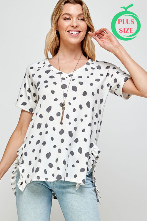 C16-A-3-WT2528-1X IVORY WITH DOTS PRINT V-NECKLINE WITH RUFFLE SLIT ON THE SIDE PLUS SIZE TOP 2-2-2