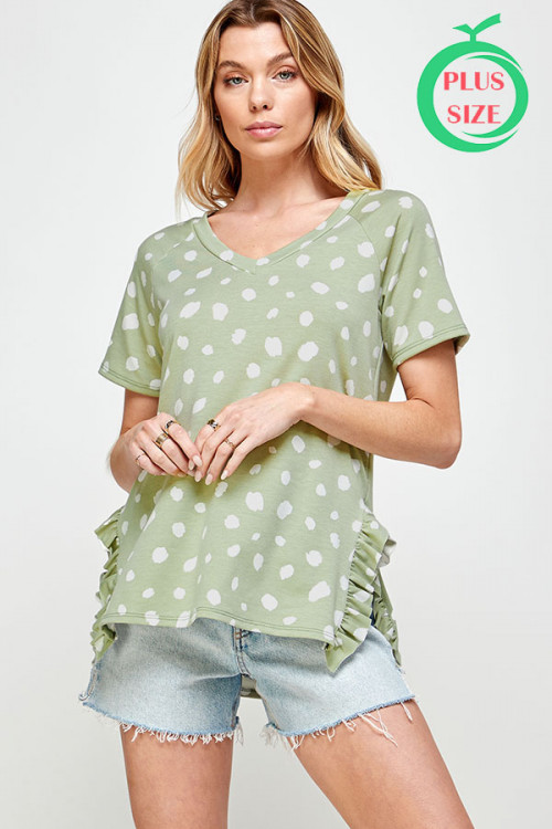 C16-A-3-WT2528-1X SAGE WITH DOTS PRINT V-NECKLINE WITH RUFFLE SLIT ON THE SIDE PLUS SIZE TOP 2-2-2