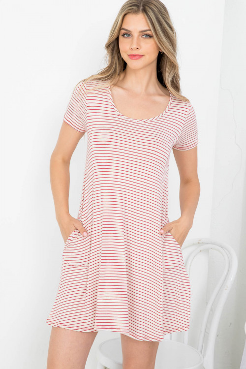 C90-A-1-D5072 OATMEAL RED STRIPES THROUGHOUT WITH SIDE POCKET RUFFLE DRESS 2-2