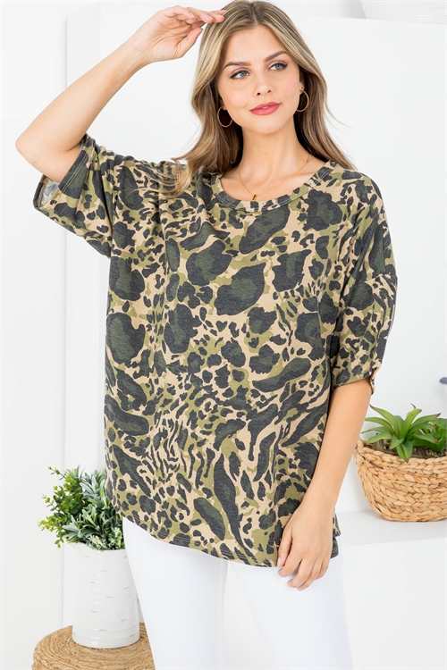 C40-A-3-T9341 OLIVE ARMY CAMOUFLAGE PRINT ROUND NECKLINE TOP 2-2-2