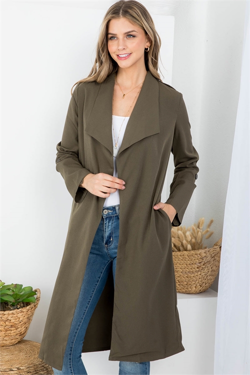 S11-12-1-J20536 OLIVE TAILORED NECKLINE OPEN FRONT PULL TAB SLEEVES COAT 2-2-2