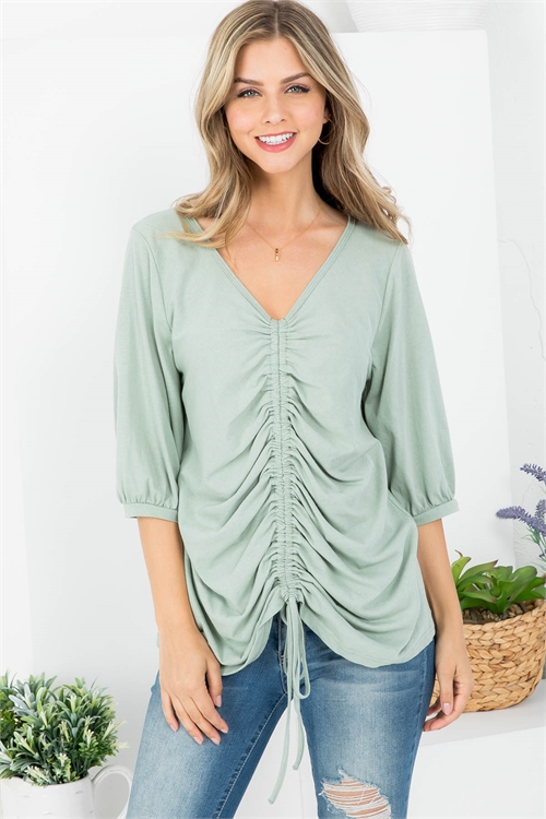 S8-2-3-T1092 SAGE V-NECK WITH RUCHED DRAW-STRING FRONT CUFFED SLEEVE TOP 2-2-2