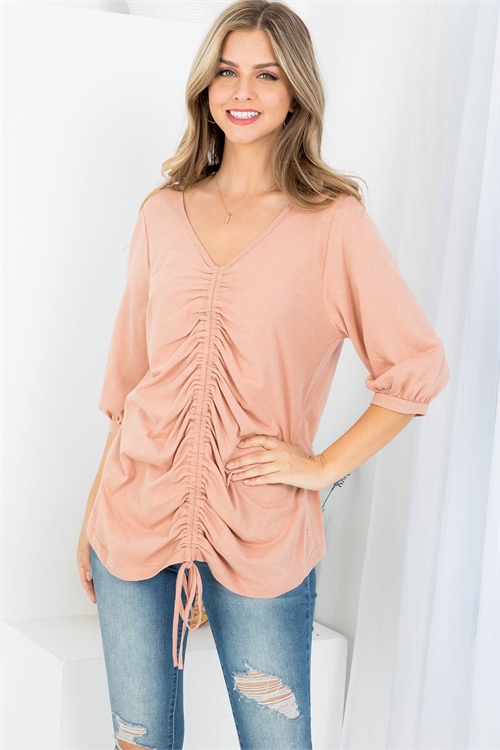 S8-2-2-T1092 CORAL SAND V-NECK WITH RUCHED DRAW-STRING FRONT CUFFED SLEEVE TOP 2-2-2