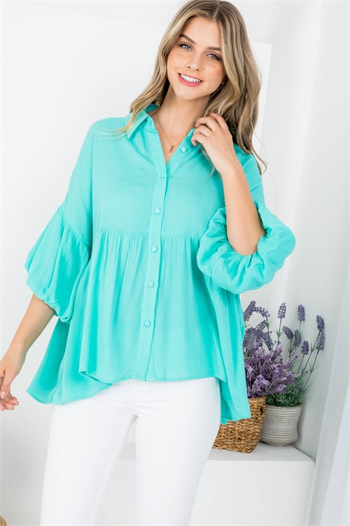 S10-3-1-T4207 MINT TAILORED NECKLINE BUTTON DOWN BELL SLEEVES RUFFLE TOP 2-2-2