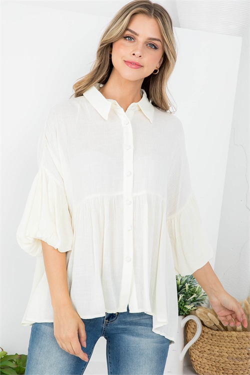 S10-3-1-T4207 IVORY TAILORED NECKLINE BUTTON DOWN BELL SLEEVES RUFFLE TOP 2-2-2