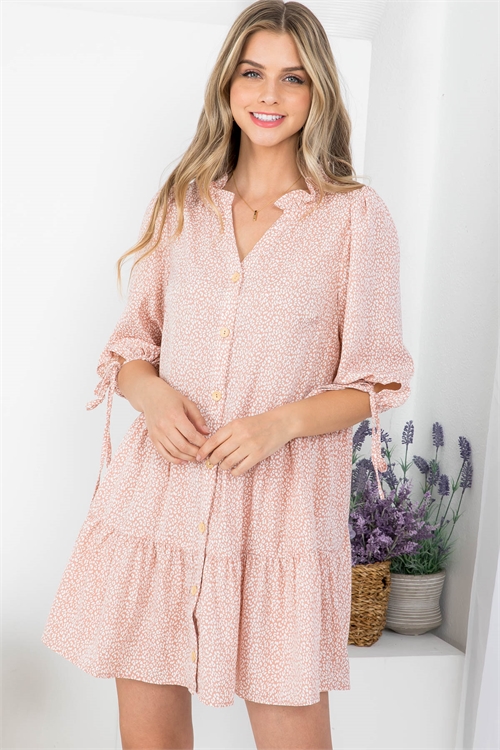 S7-7-3-D4209 PEACH IVORY ANIMAL PRINT TAILORED BUTTON DOWN TIE SLEEVES RUFFLE DRESS 2-2-2