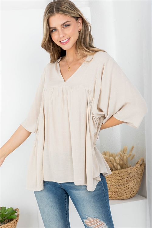 S10-3-1-T3925 TAUPE V-NECKLINE RUFFLE BATWING TOP 2-2-2