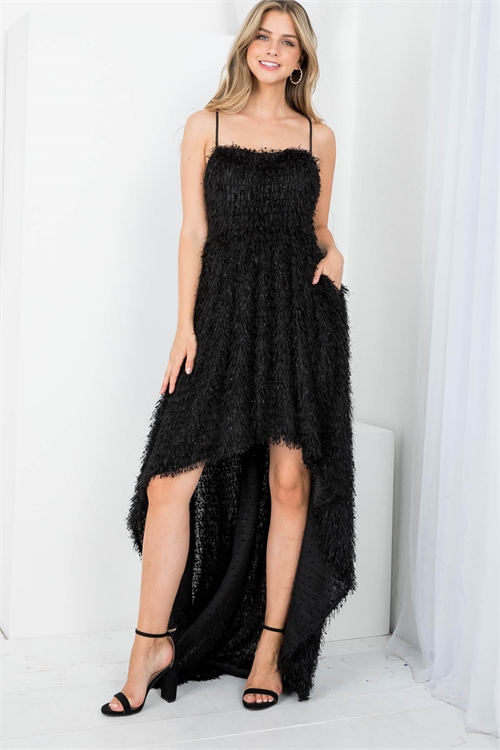 S14-5-1-D2165 BLACK SPAGHETTI STRAPS BACK ZIP CLOSURE FURRY ASYMETRIC DRESS 2-2-2 (NOW $3.75 ONLY!)