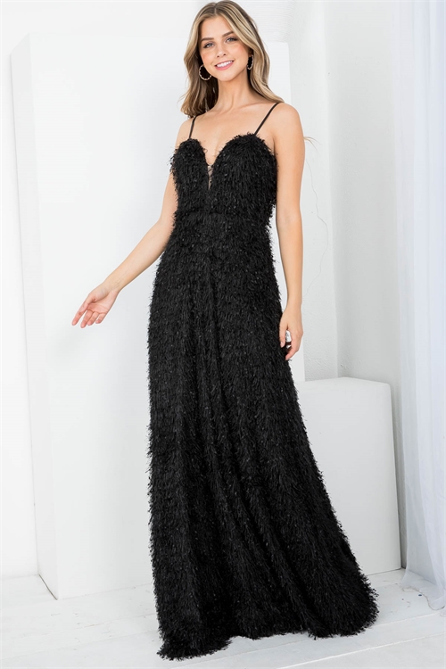 S16-5-1-D2141 BLACK SPAGHETTI STRAPS BACK ZIP CLOSURE FURRY ASYMETRIC DRESS 2-2-2 (NOW $4.50 ONLY!)