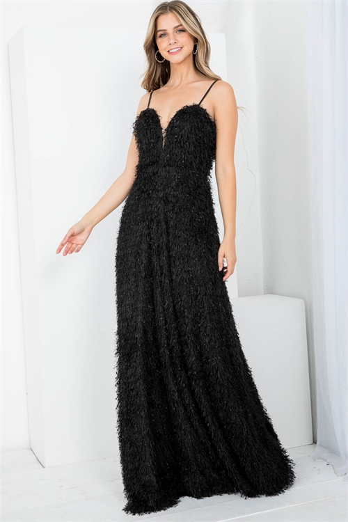 SA3-000-4-D2141 BLACK SPAGHETTI STRAPS BACK ZIP CLOSURE FURRY ASYMETRIC DRESS 3-2