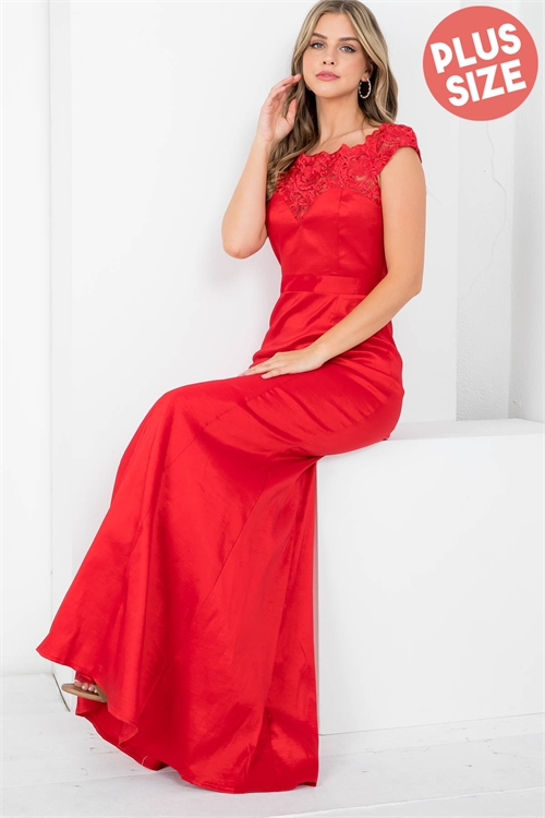 S6-3-3-D261X RED JACQUARD LACE SHOULDER DETAIL BACK ZIP CLOSURE LONG GOWN PLUS SIZE DRESS 3-2-1