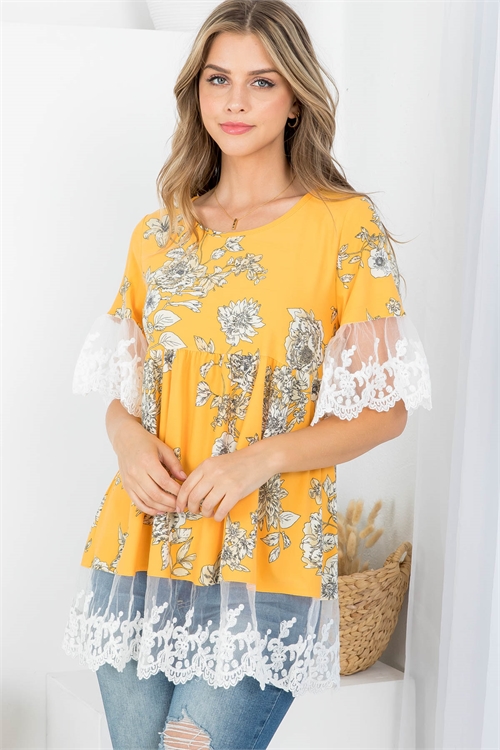 C48-A-3-AD4676 MUSTARD FLORAL PRINT ROUND NECKLINE EMBROIDERED LACE SLEEVES & HEM TOP 2-2-2