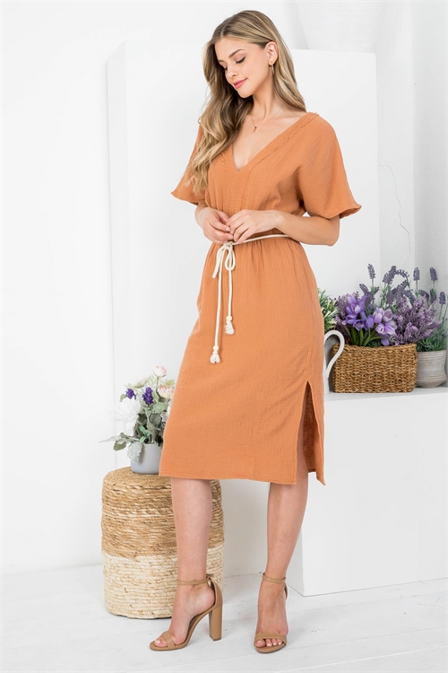 S8-3-1-D33414 CAMEL V-NECKLINE WITH WAIST TIE DRESS 2-2-2