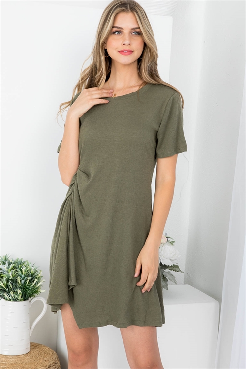 SA3-000-2-D43368 OLIVE SCOOPED NECKLINE WITH RIGHT SIDE RUCHED DRESS 2-2-2