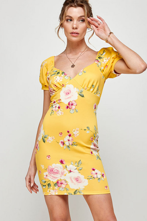 C38-A-2-MD4531 YELLOW FLORAL PRINT SQUARE NECKLINE CUFFED PUFFED SLEEVES DRESS 2-2-2 (NOW $9.75 ONLY!)