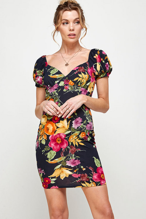 C40-A-1-MD4531-1 BLACK FLORAL PRINT SQUARE NECKLINE CUFFED PUFFED SLEEVES DRESS 2-2-2 (NOW $9.75 ONLY!)